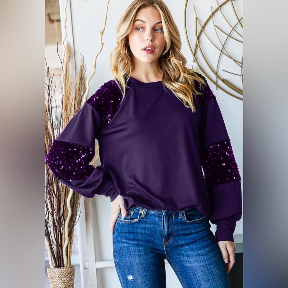 Purple Sequin Accent Long Sleeve Top - Women